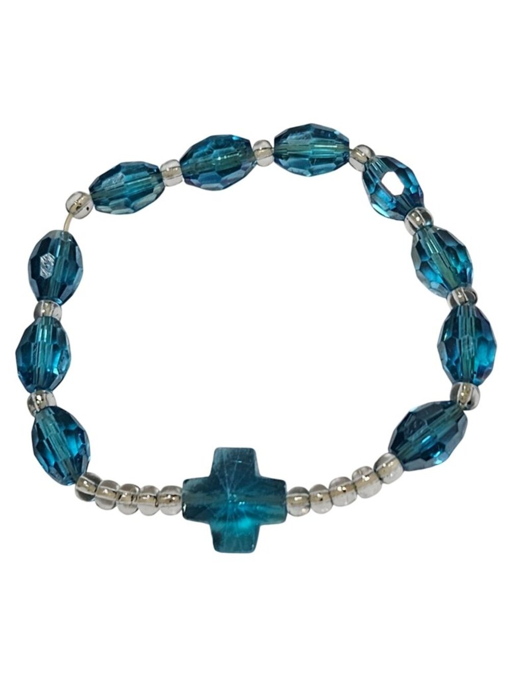 Blue Crystal Cross Beaded Stretch Bracelet Religious Inspirational Jewelry Women